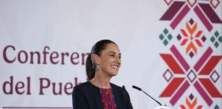 President Sheinbaum at the podium of her July 10 press conference
