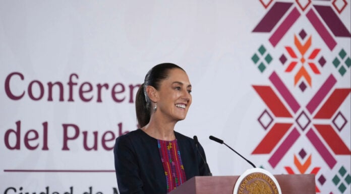 President Sheinbaum at the podium of her July 10 press conference