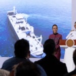 Navy Minister Raymundo Pedro Morales Ángeles and President Sheinbaum at the July 30 mañanera