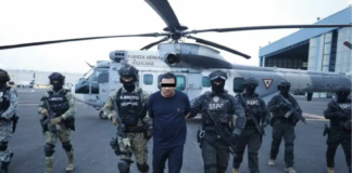 Mexican troops escort a handcuffed man away from a helicopter