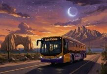 An illustration of a Ruta del Desierto bus in Los Cabos