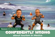 Video thumbnail shows Travis and George cartoons on a Mexican beach with the words "Confidently Wrong about Tourism in Mexico"
