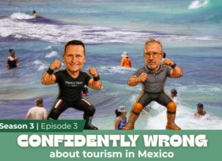 Video thumbnail shows Travis and George cartoons on a Mexican beach with the words "Confidently Wrong about Tourism in Mexico"