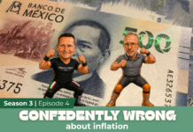 A youtube video thumbnail reads "confidently wrong about inflation" with an image of mexican pesos and the podcast hosts