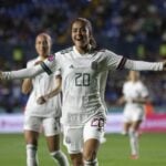 Diana García of El Tri Femenil celebrating a goal in a 9-0 blowout of Surinam