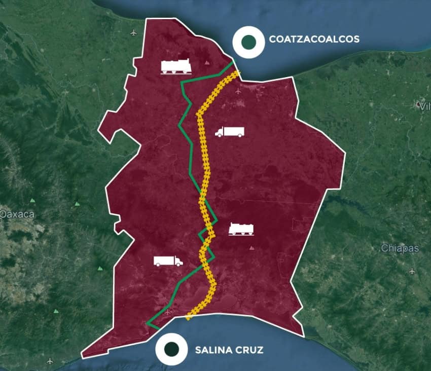 A map shows a train line crossing the Isthmus of Tehuantepec in Mexico
