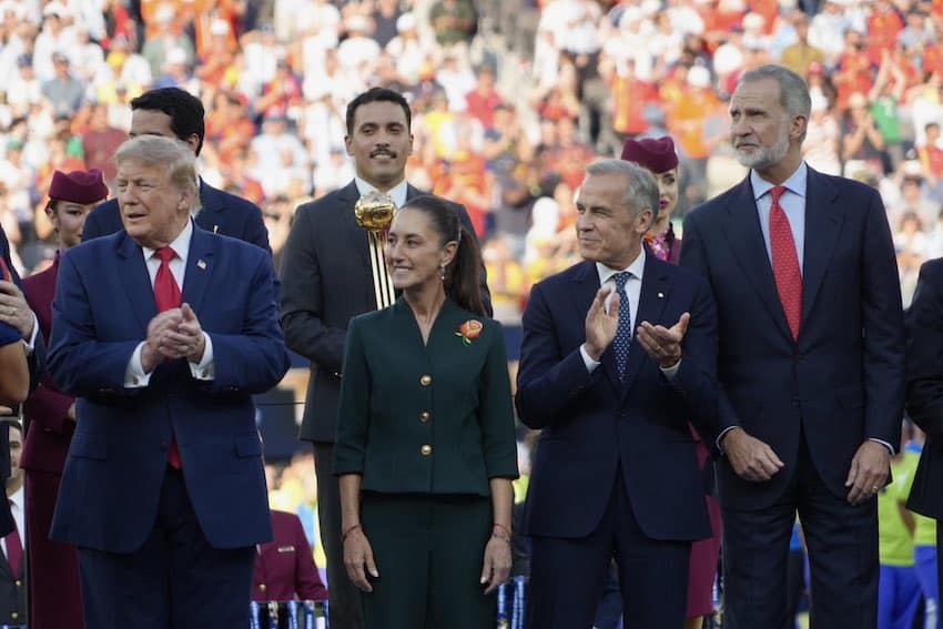 Sheinbaum alongside U.S. President Trump, Canadian President Mark Carney and Spanish King Felipe VI at Sunday's World Cup final ceremony.