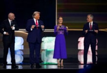 President Sheinbaum holds a plaque reading "Mexico" at the FIFA World Cup draw, alongside Mark Carney, Donald Trump and Gianni Infantino