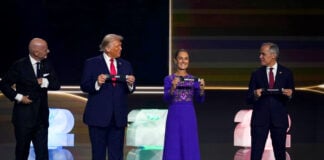 President Sheinbaum holds a plaque reading "Mexico" at the FIFA World Cup draw, alongside Mark Carney, Donald Trump and Gianni Infantino