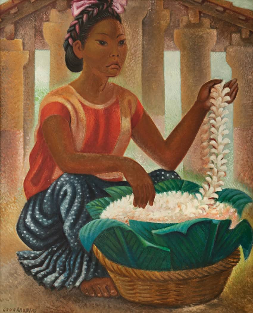 Miguel Covarrubias painting of a woman seated with flowers