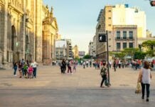 Guadalajara downtown city scene with people walking in the street