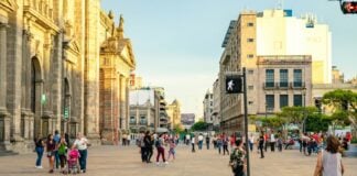 Guadalajara downtown city scene with people walking in the street