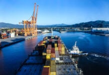 A container ship in the Pacific port of Manzanillo, Colima.