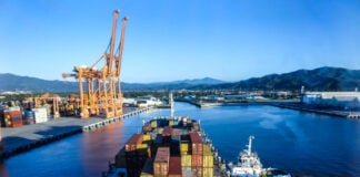 A container ship in the Pacific port of Manzanillo, Colima.