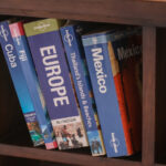 collection of overseas travel books lined up on bookshelf