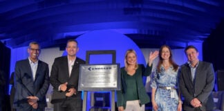 Chihuahua governor presenting at the opening of Embraer factory in the state