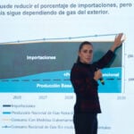 President Claudia Sheinbaum at her August 6 press conference, with a chart of natural gas consumption, imports and non-conventional (fracking) projected production