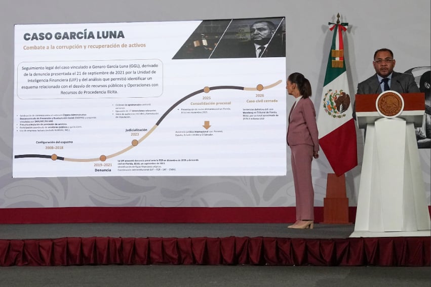 UIF chief Omar Reyes Colmenares and Sheinbaum show a timeline of the García Luna corruption case and how funds were recovered