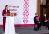 Sheinbaum at podium on Aug. 4, 2026