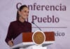 President Claudia Sheinbaum at the podium of her August 7 mañanera