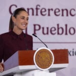 President Claudia Sheinbaum at the podium of her August 7 mañanera