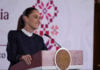 President Sheinbaum at the podium of her August 13 mañanera press conference