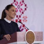 President Sheinbaum at the podium of her August 13 mañanera press conference