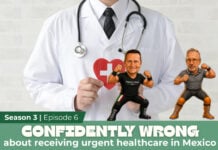 The YouTube thumbnail of the Confidently Wrong podcast shows cartoon images of the hosts and a stock image of a doctor