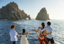 Catamaran sailing at Land's End in Cabo San Lucas