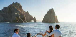Catamaran sailing at Land's End in Cabo San Lucas