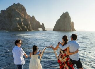 Catamaran sailing at Land's End in Cabo San Lucas
