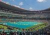 Mexico City’s main stadium, full of green, ahead of World Cup opening ceremony.