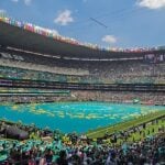 Mexico City’s main stadium, full of green, ahead of World Cup opening ceremony.