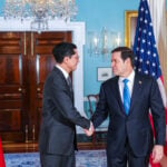 Foreign Minister Roberto Velasco shakes hands with US Secretary of State Marco Rubio
