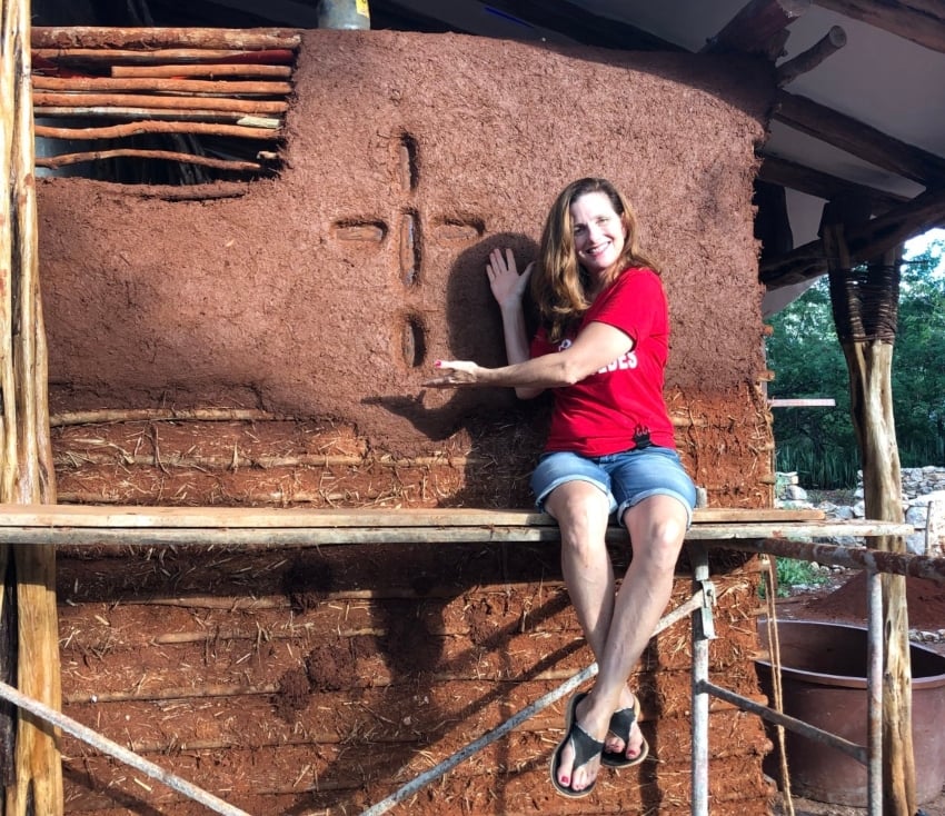 Debi in Ek' Balam, building adobe houses