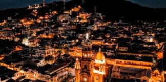 Aerial view of Parroquia Nuestra Señora de Guadalupe in Puerto Vallarta at night.