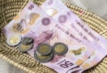 Pesos in a basket left as a tip