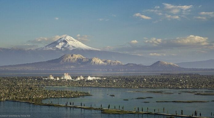 A visual reimagining of the ancient city with mountains in the background