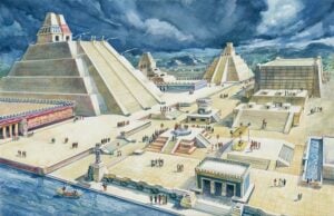 An illustration of a historic biege temples with people walking between other buildings.