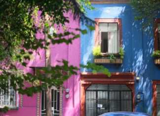 Closeup of building facades on a tree-lined street in Mexico City.
