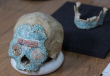 turquoise adorned pre-Columbian skull