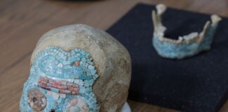 turquoise adorned pre-Columbian skull