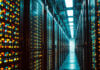 Rows of servers inside an AI data center