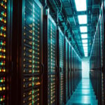 Rows of servers inside an AI data center