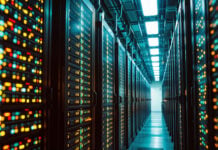 Rows of servers inside an AI data center