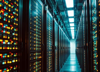 Rows of servers inside an AI data center