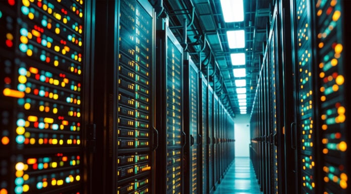 Rows of servers inside an AI data center