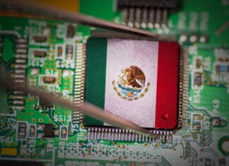 A CPU computer chip with a Mexican flag
