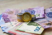 Mexican peso banknotes and coins