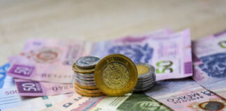 Mexican peso banknotes and coins